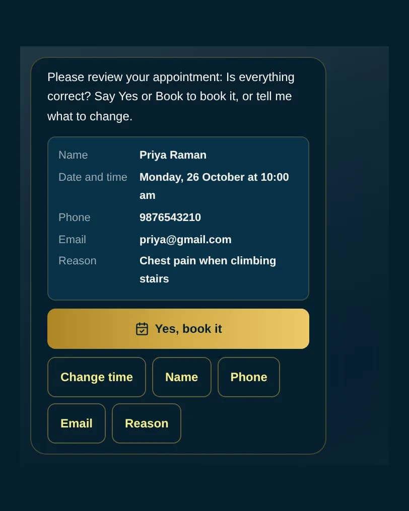 AURA's review card: date and time, name, phone, email and reason, with Yes, book it and change buttons