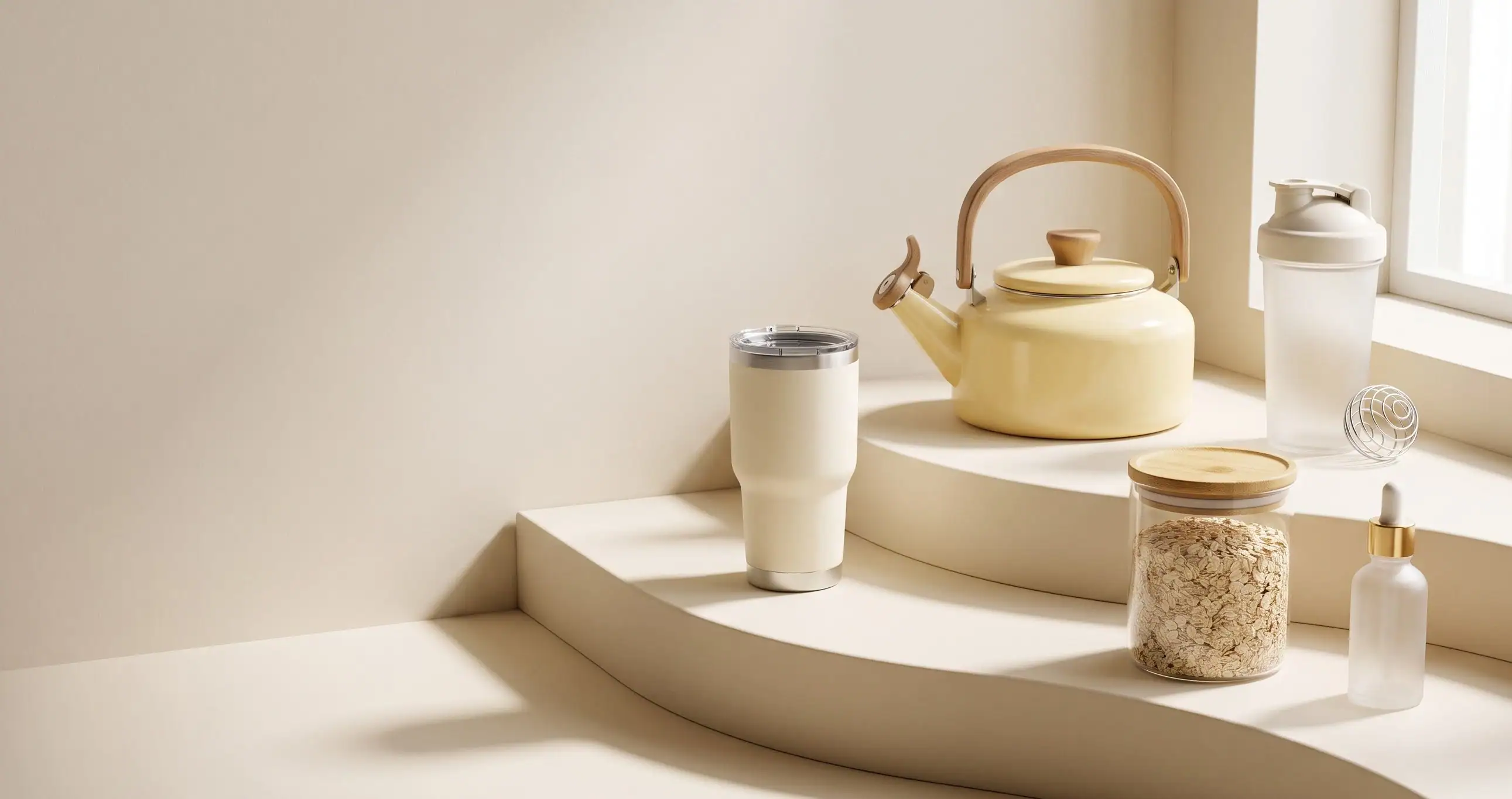 Frosted bottles, a cup and a jar arranged on curved cream steps in soft light