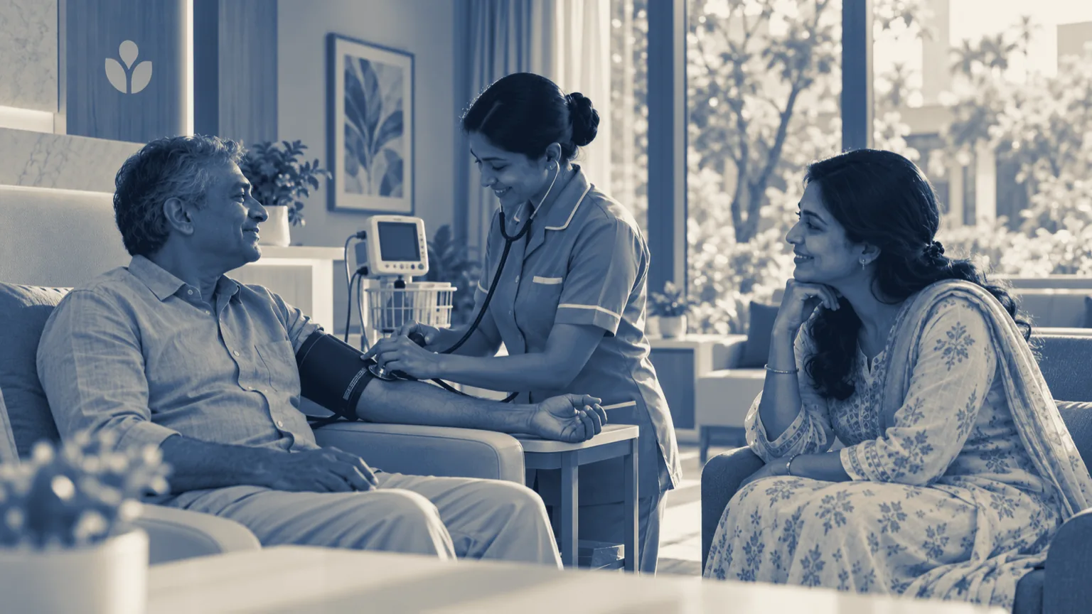 A nurse checking a patient's blood pressure while his wife watches