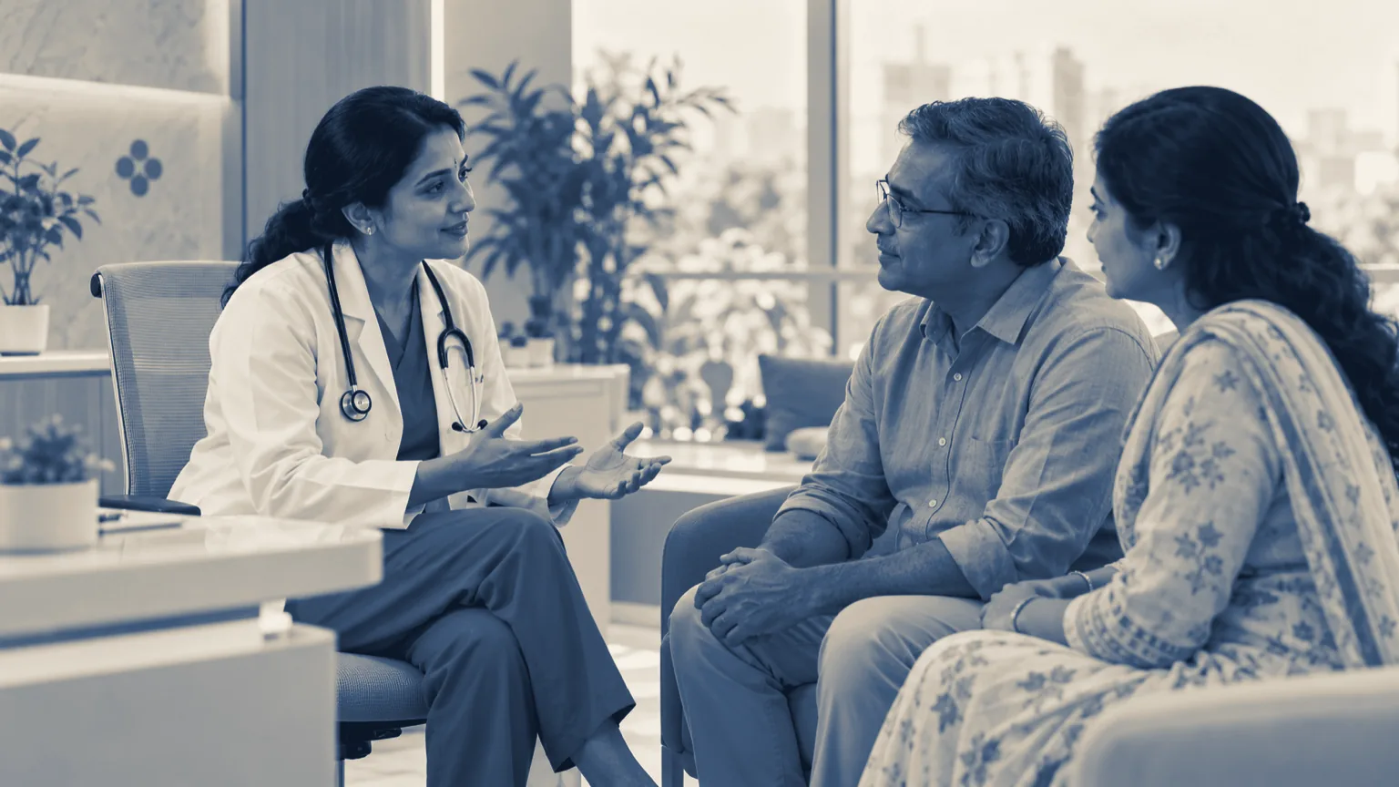 A doctor at Oriel listening to a couple in a calm consultation room