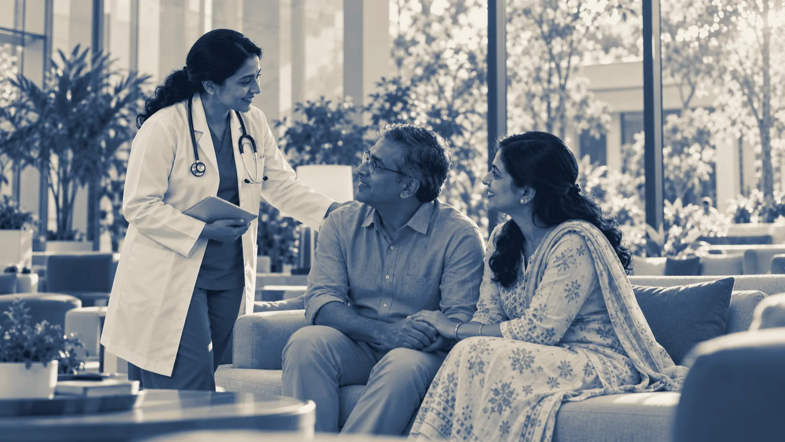 A doctor explaining a care plan to a patient and his wife