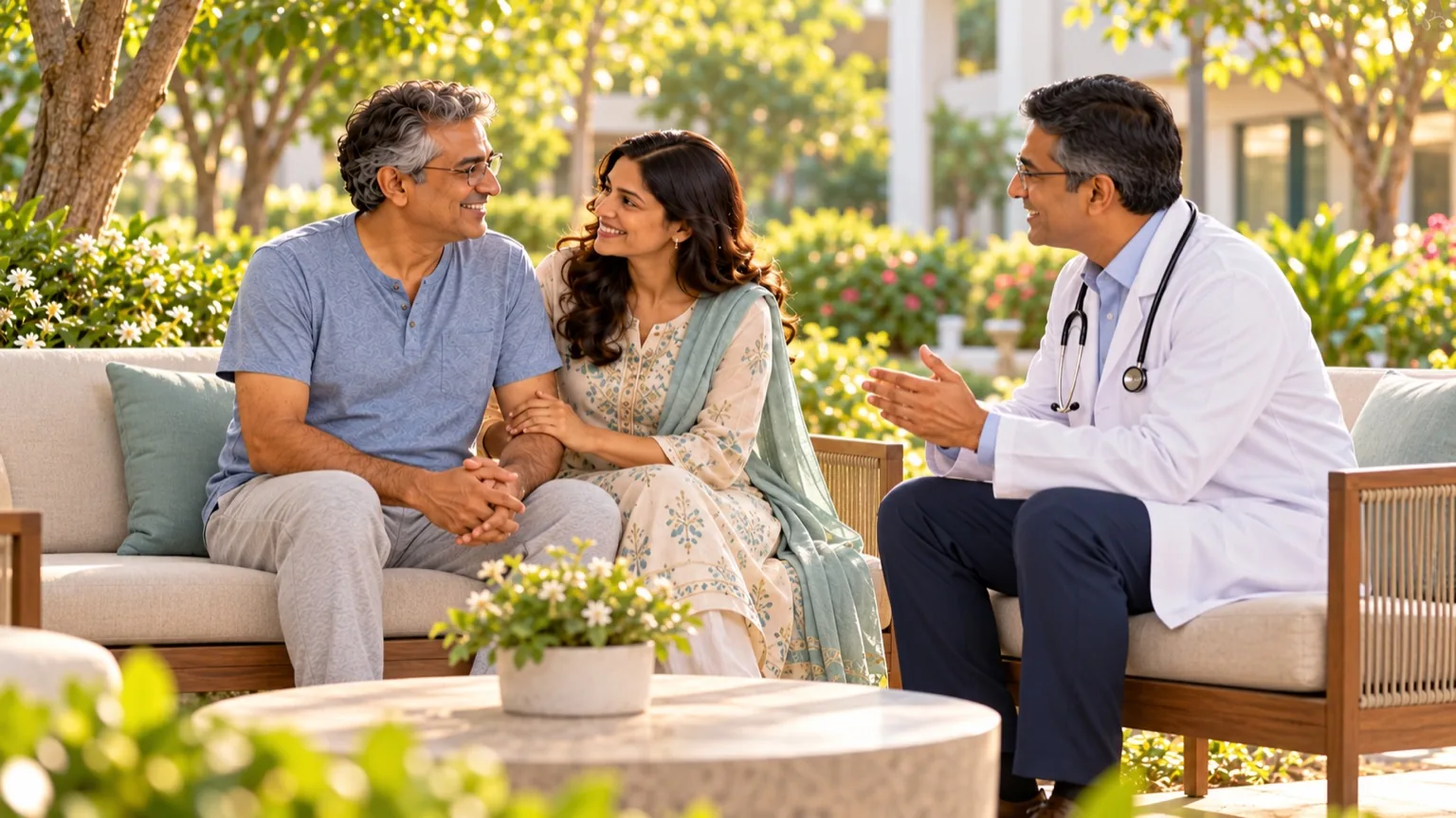 The patient and his wife smiling with their doctor at a follow-up visit