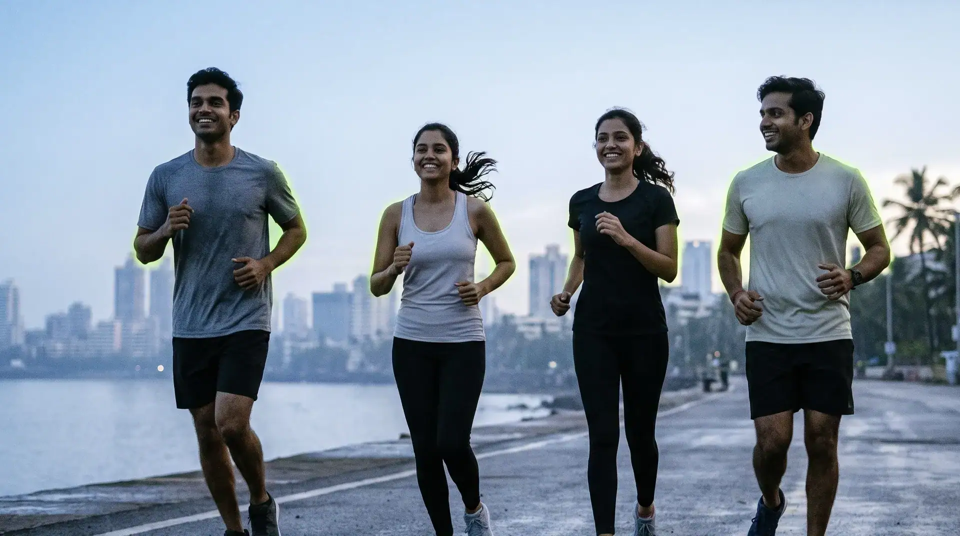 Volt Run Club runners on a seafront promenade at dawn