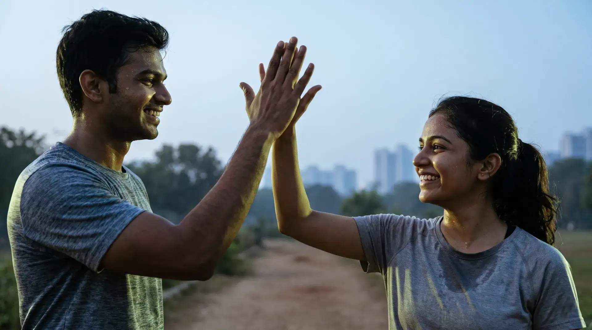 Two runners high-fiving after a morning run