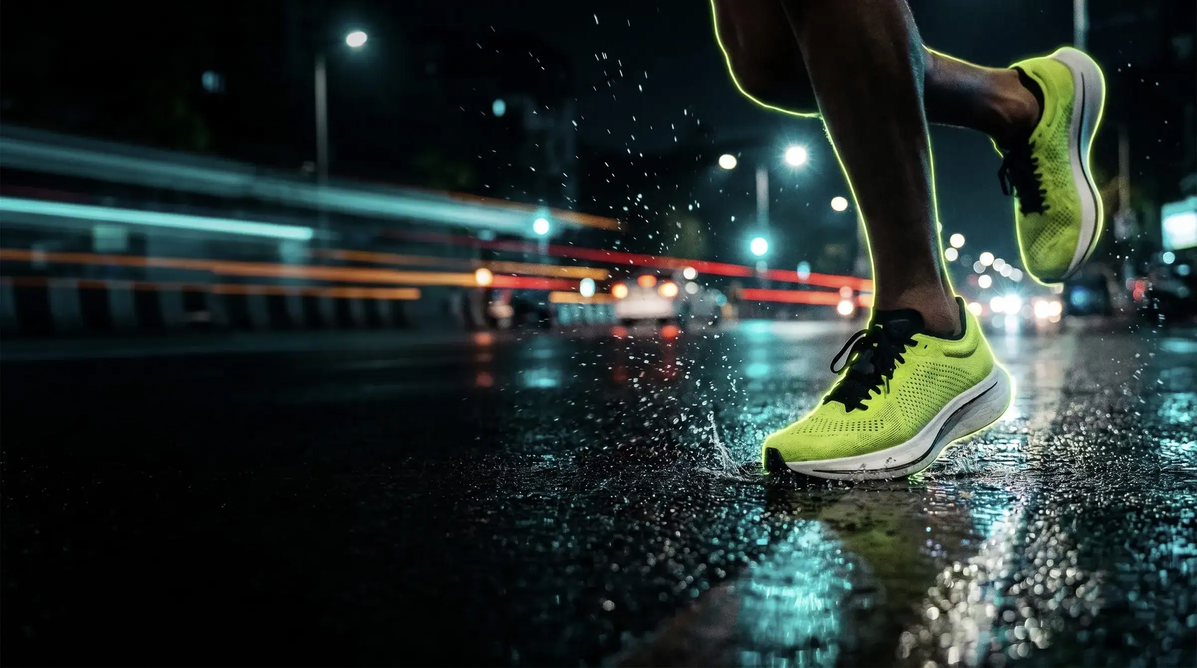 Runner in lime Volt Runners shoes splashing across a wet city road at night